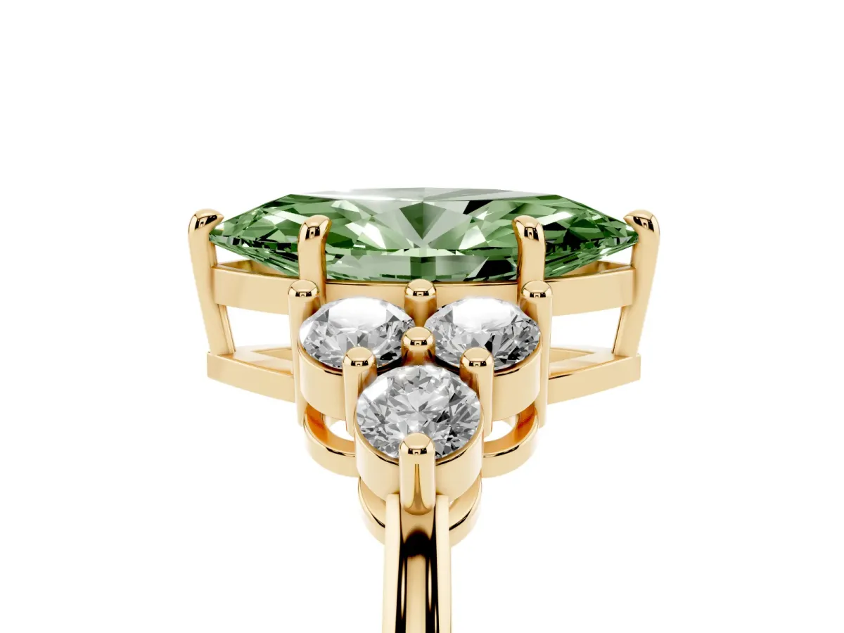 Fancy Green Marquise Cut Brilliant Diamond Cluster Accent Solitaire Ring with Prong Setting Yellow gold