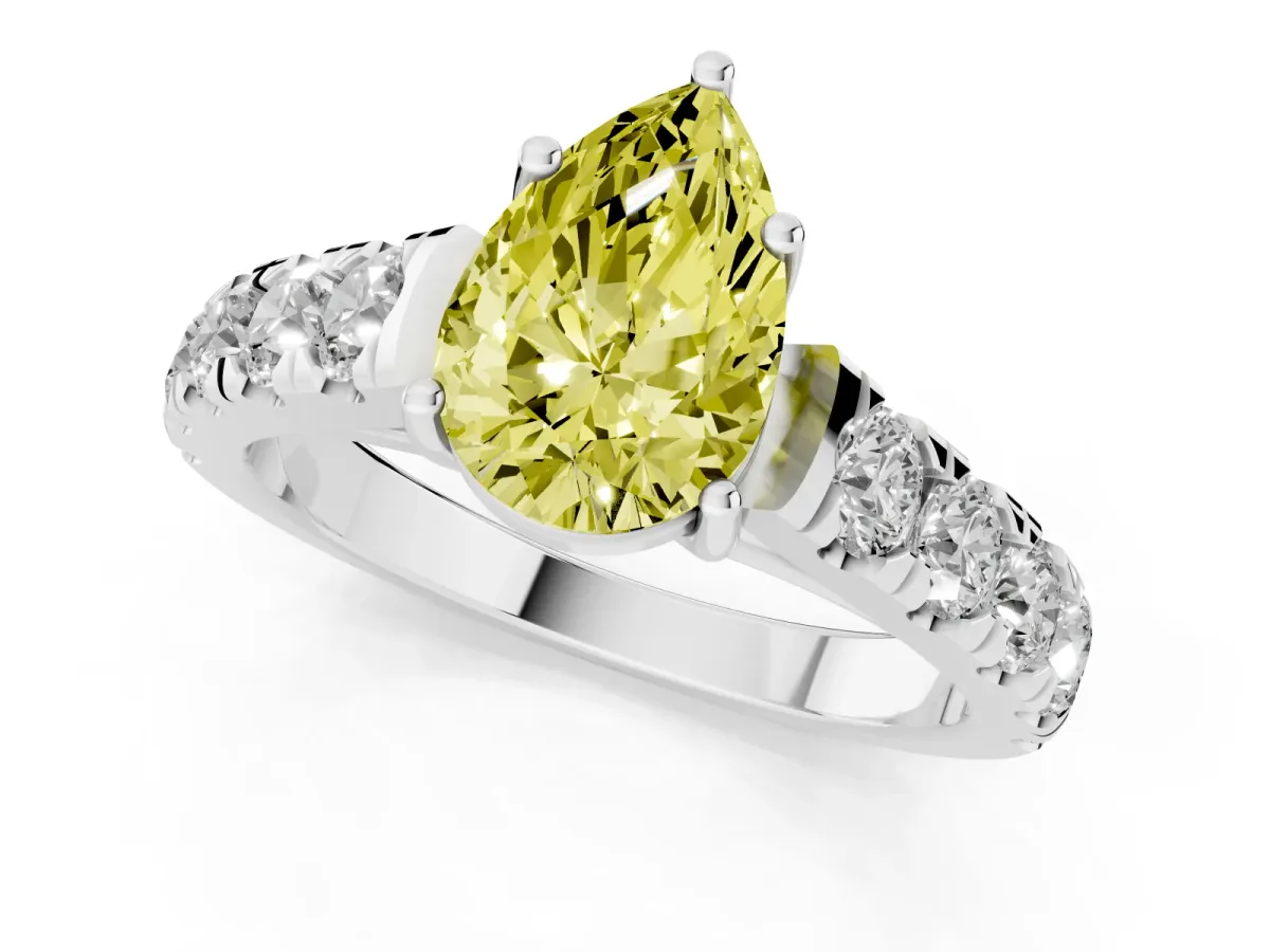 Fancy Yellow Pear Cut Cut Diamond Solitaire Ring with Micro Pave Band and Prong Setting Silver