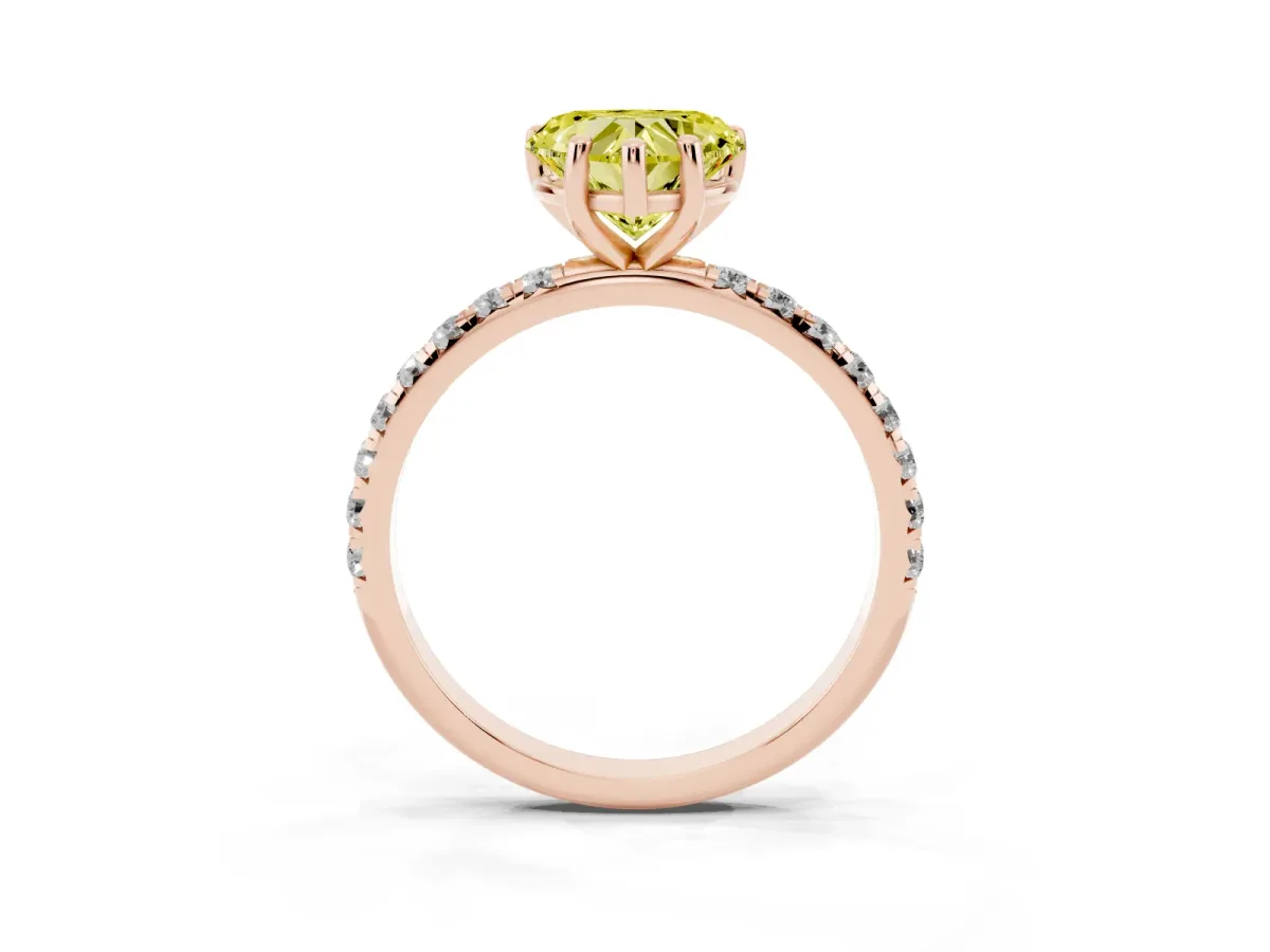Fancy Yellow Heart Cut Cut Diamond Solitaire Ring with Micro Pave Band and Four Prong Setting Rose gold