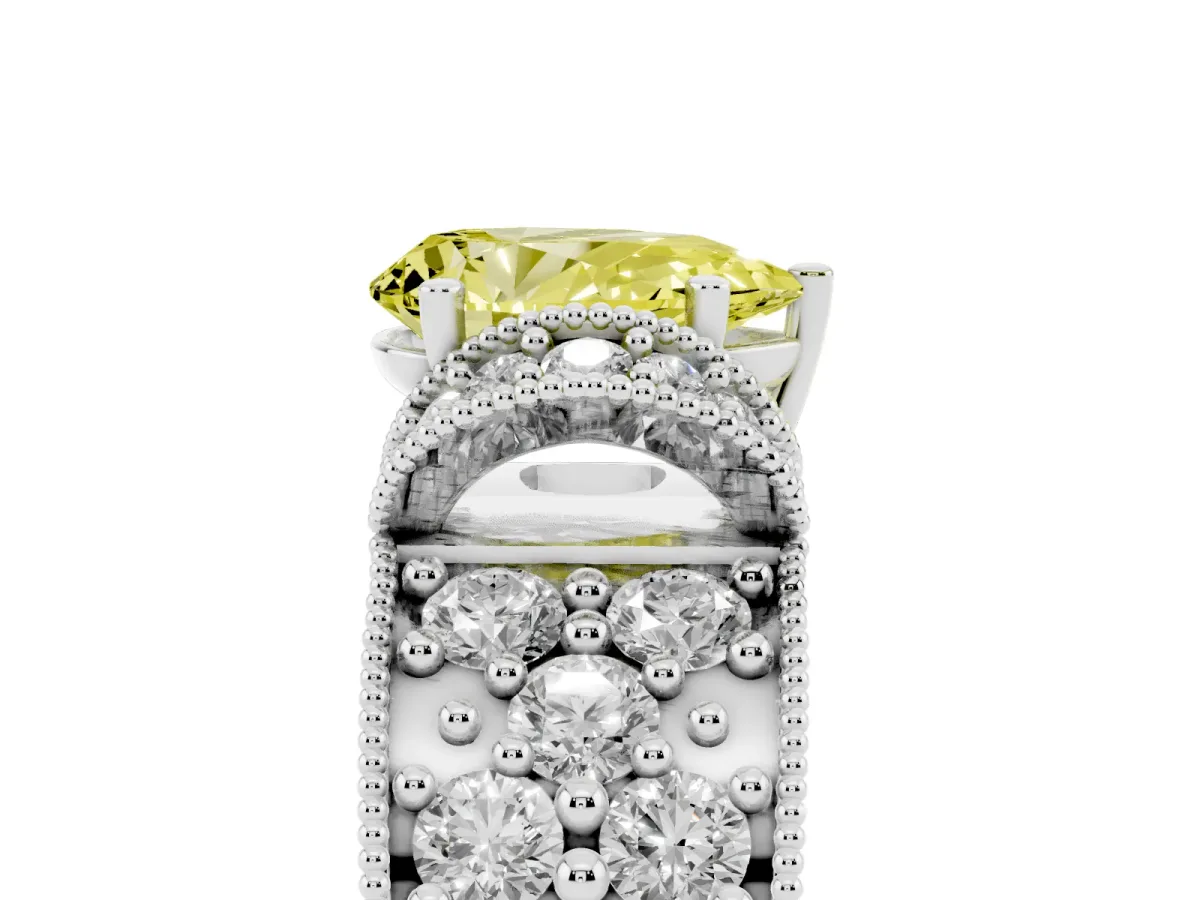 Fancy Yellow Pear Cut Halo Pave Diamond Engagement Ring with Milgrain Detailing Silver