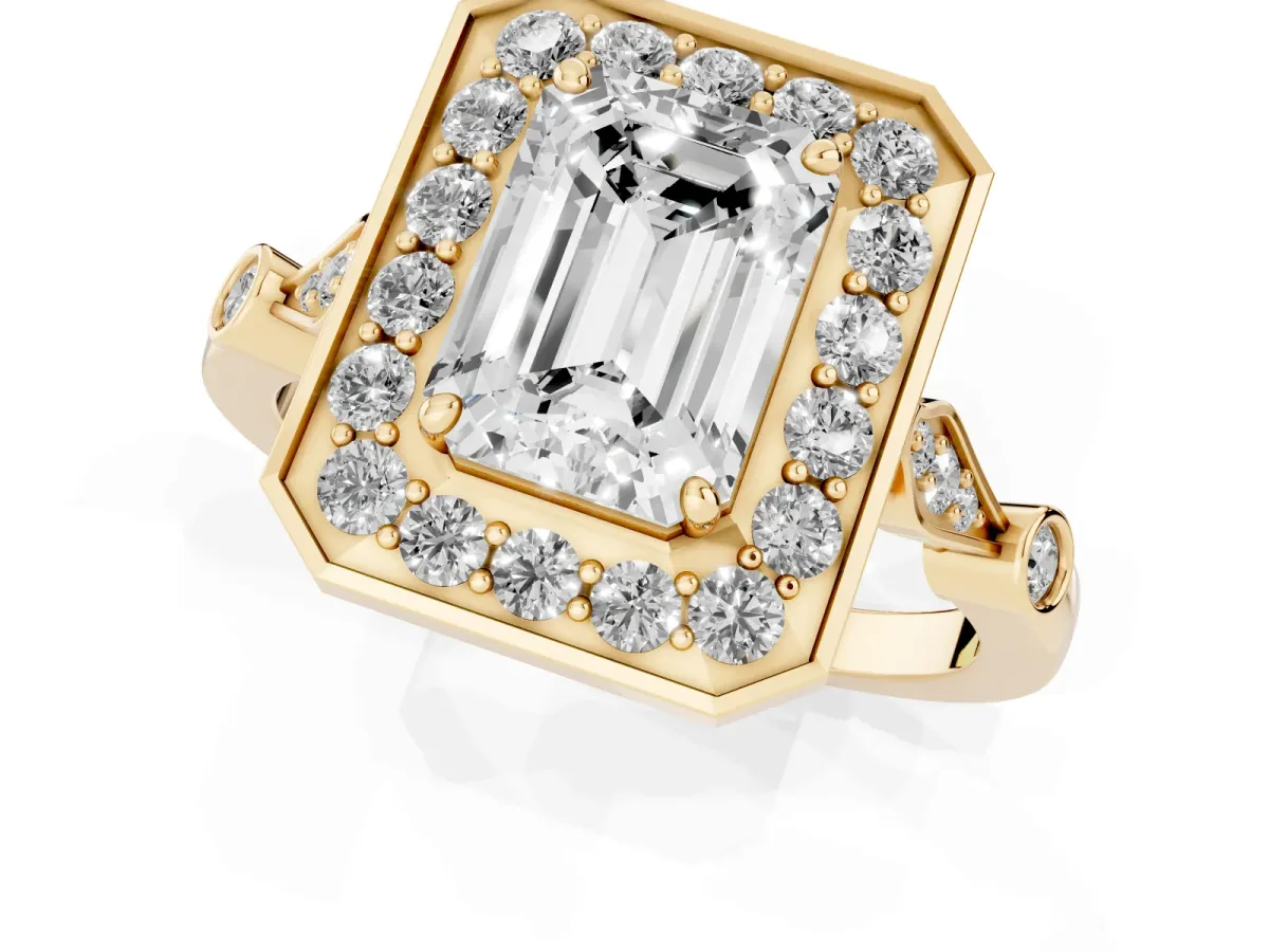 Emerald Cut Halo Diamond Engagement Ring with Twisted Band and Four-Prong Setting Yellow gold