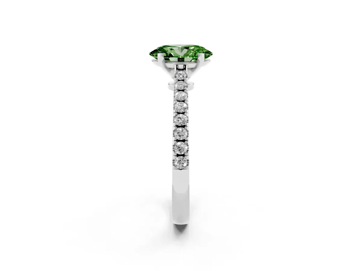 Fancy Green Oval Cut Cut Solitaire Diamond Engagement Ring with Pave Band and Four-Prong Setting Platinum