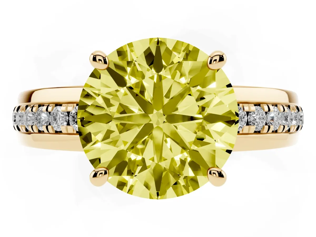 Fancy Yellow Round Cut Solitaire Diamond Ring with Channel Set Band and Six-Prong Setting Yellow gold