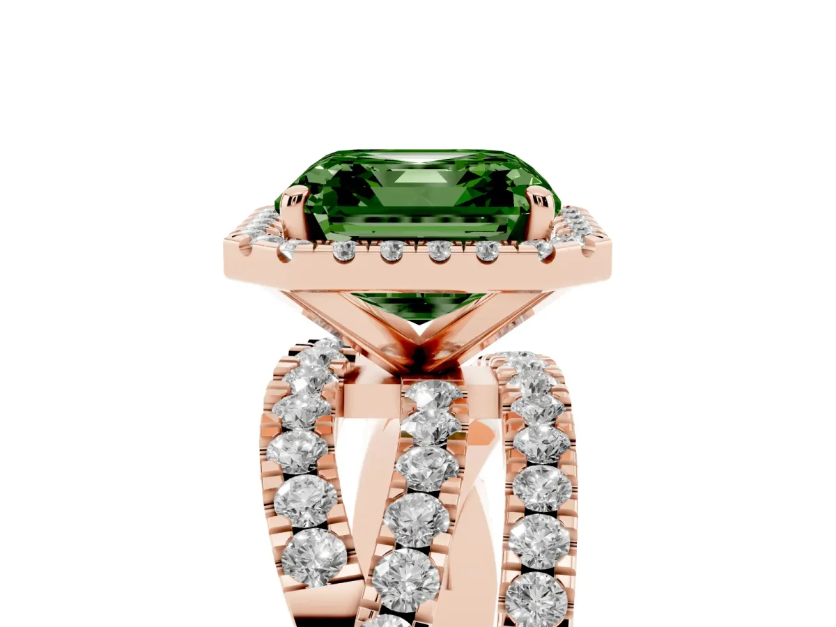 Fancy Green Asscher Cut Diamond Halo Ring with Round Split Shank and Prong Setting Rose gold