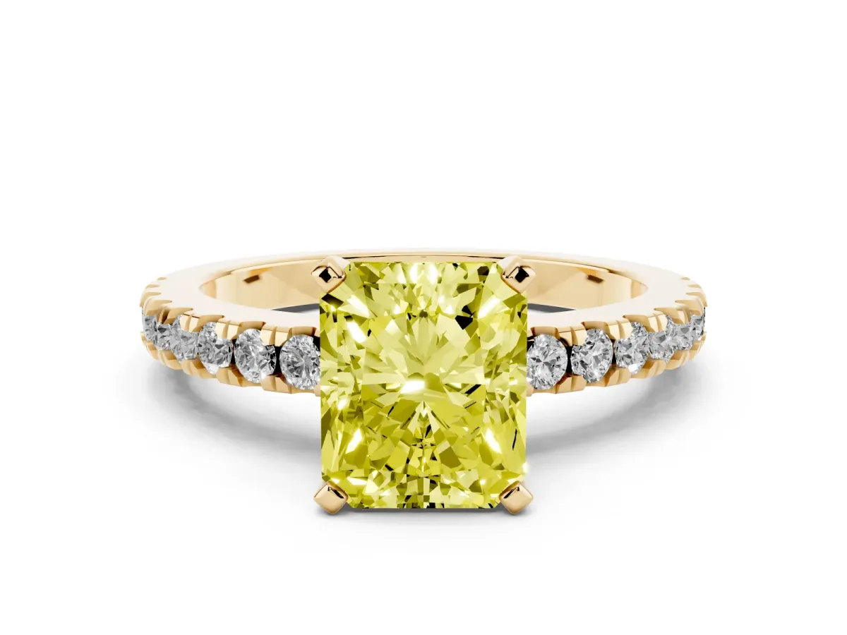 Fancy Yellow Radiant Cut Solitaire Diamond with Pavé Band and Four-Prong Setting Yellow gold
