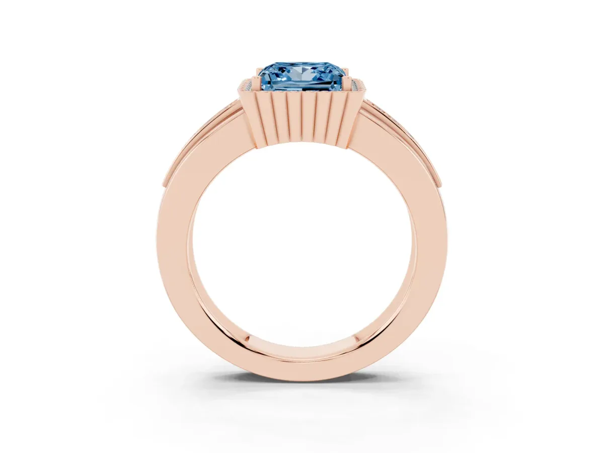 Fancy Blue Princess Cut Cut Halo Pave Band Four-Prong Ring Rose gold