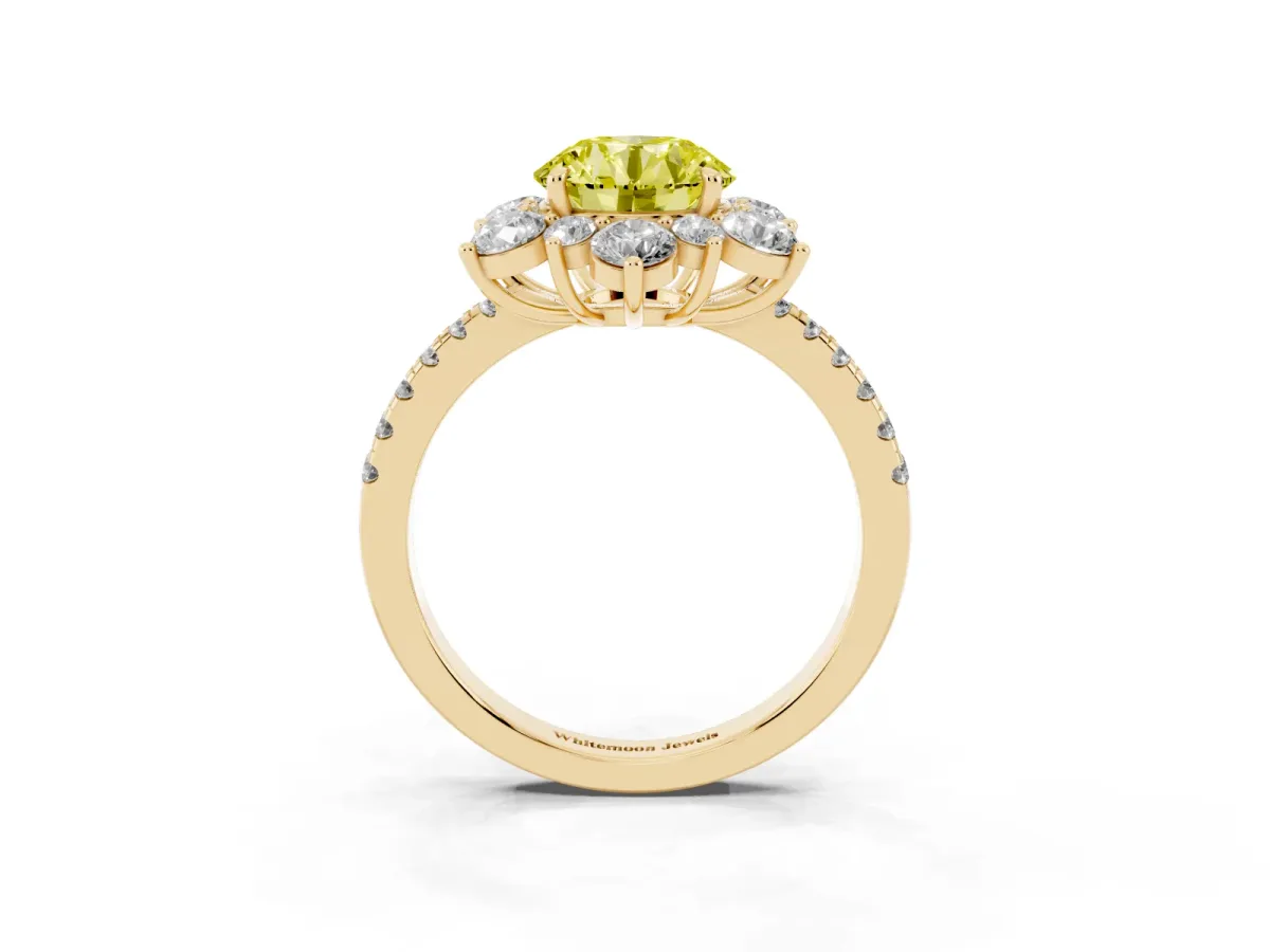 Fancy Yellow Round Cut Diamond Floral Halo Ring with Round Pavé Band and Prong Setting Yellow gold