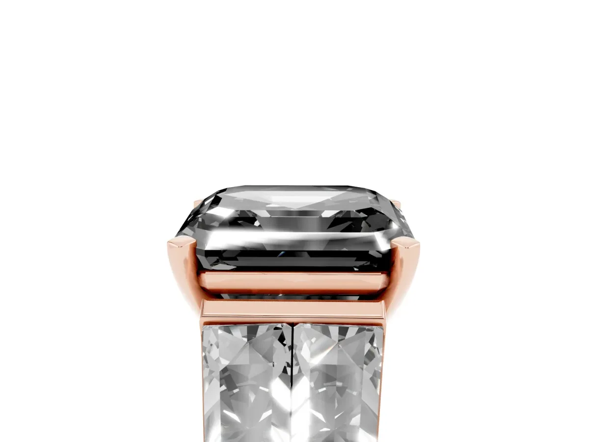 Fancy Black Asscher Cut Diamond Engagement Ring with Baguette Side Stones and Channel Set Band Rose gold