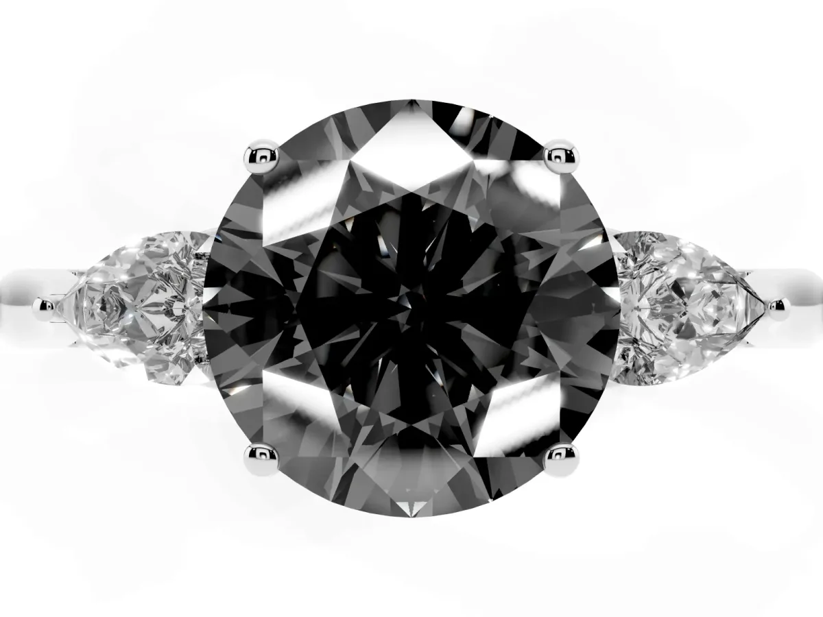 Fancy Black Round Cut Diamond Three-Stone Ring with Pear Side Stones and Prong Setting Platinum