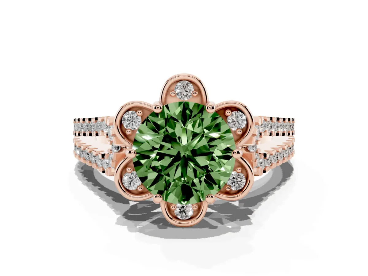 Fancy Green Round Cut Halo Diamond Floral Split Shank Engagement Ring Rose gold