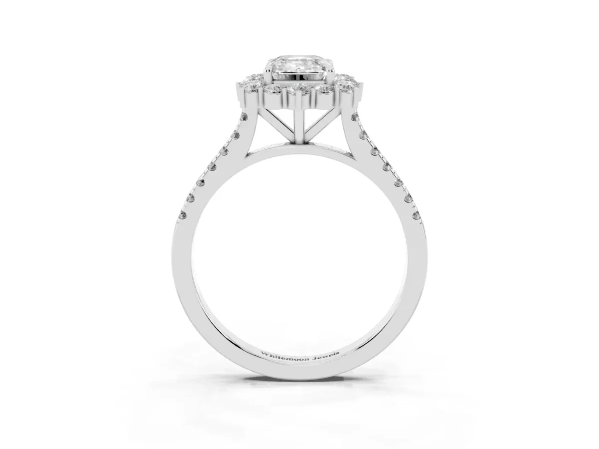 Emerald Cut Halo Diamond Ring with Pavé Band and Prong Setting Silver