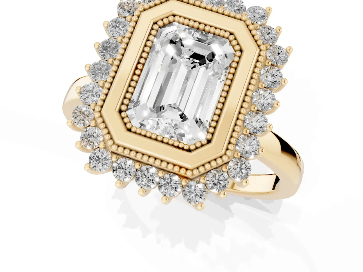 Emerald Cut Halo Diamond Ring with Milgrain Edge and Round Prong Setting Yellow gold