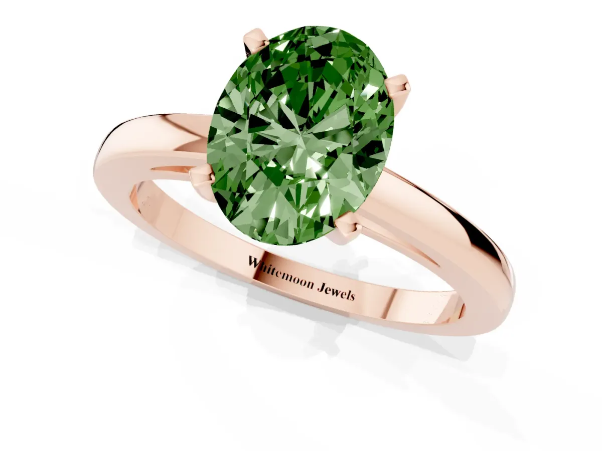 Fancy Green Oval Cut Solitaire Diamond Engagement Ring with Four-Prong Setting on a Classic Band Rose gold