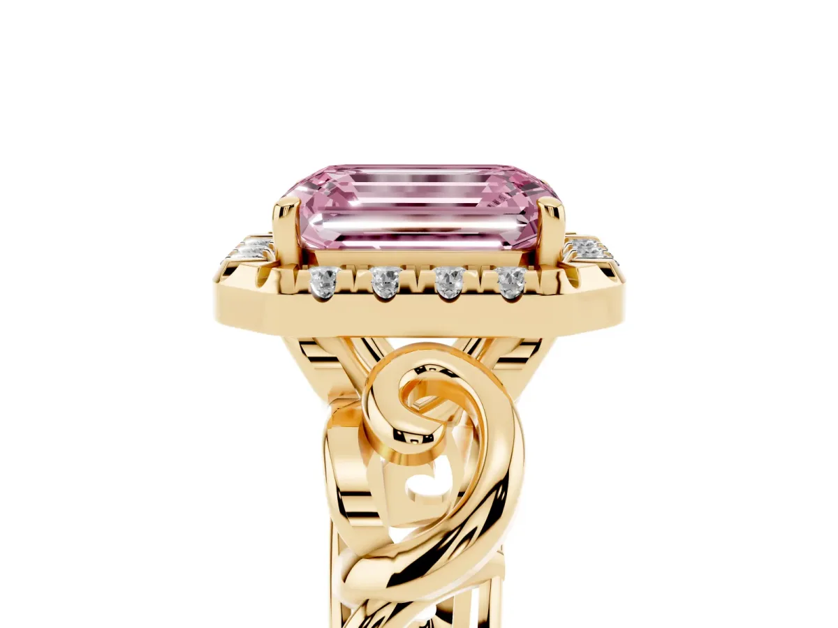 Fancy Pink Emerald Cut Cut Halo Diamond Ring with Scrollwork Band and Four-Prong Setting Yellow gold