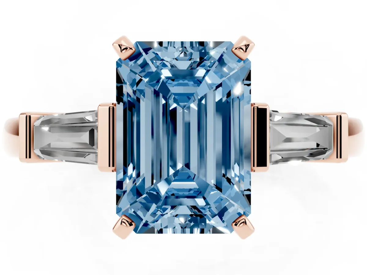 Fancy Blue Emerald Cut Cut Diamond Solitaire Ring with Tapered Baguette Accents and Four-Prong Setting Rose gold
