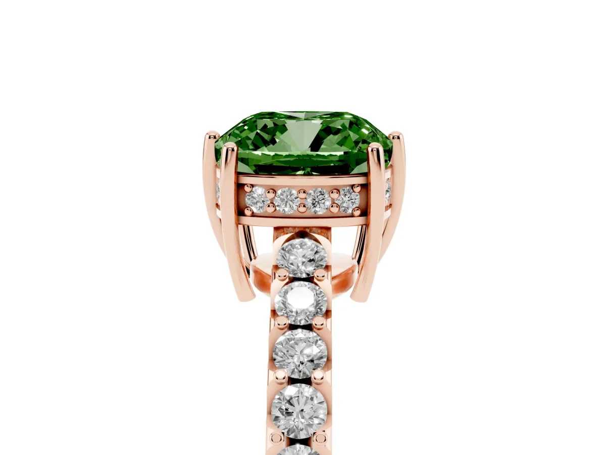 Fancy Green Cushion Cut Solitaire Diamond Engagement Ring with Pavé Band and Six-Prong Setting Rose gold