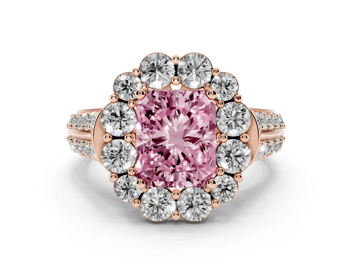 Fancy Pink Radiant Cut Halo Diamond Engagement Ring with Split Shank and Prong Setting Rose gold