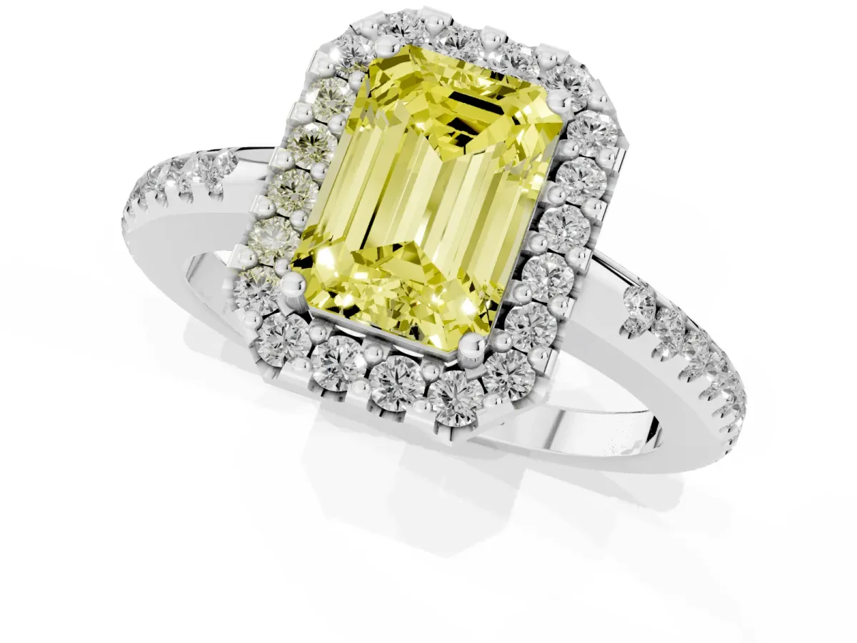 Fancy Yellow Emerald Cut Diamond Pavé Halo Ring with Four-Prong Setting Silver