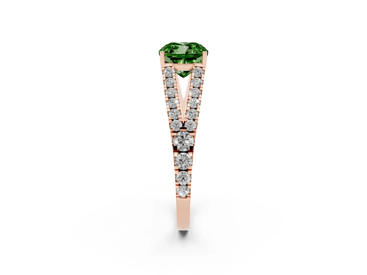 Fancy Green Cushion Cut Diamond Split Shank Engagement Ring with Round Pavé and Prong Setting Rose gold