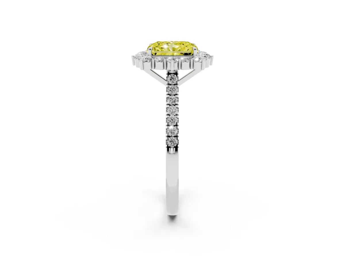 Fancy Yellow Radiant Cut Halo Diamond Ring with Pavé Band and Prong Setting Platinum