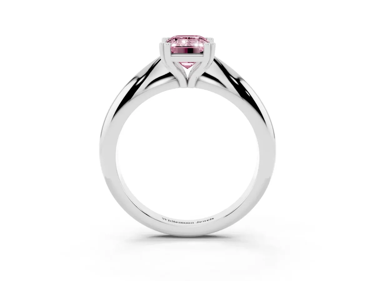 Fancy Pink Emerald Cut Cut Solitaire Engagement Ring with Tapered Band and Four-Prong Setting Platinum