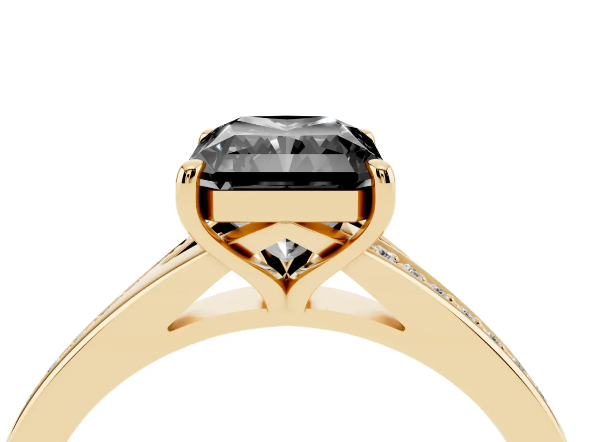 Fancy Black Radiant Cut Diamond Solitaire Ring with Pavé Band and Prong Setting Yellow gold