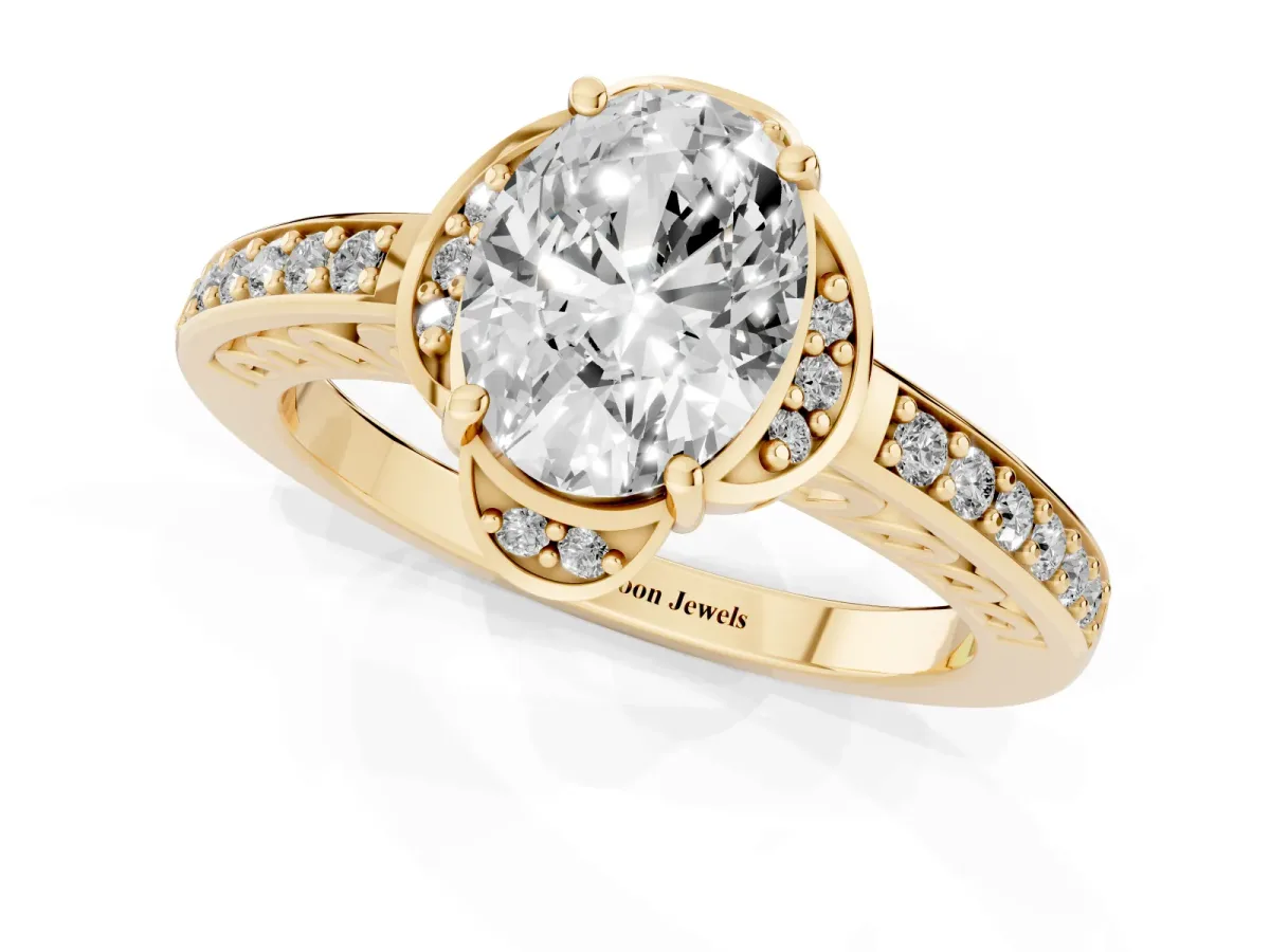 Oval Cut Cut Halo Diamond Ring with Channel Set Band and Four-Prong Setting Yellow gold