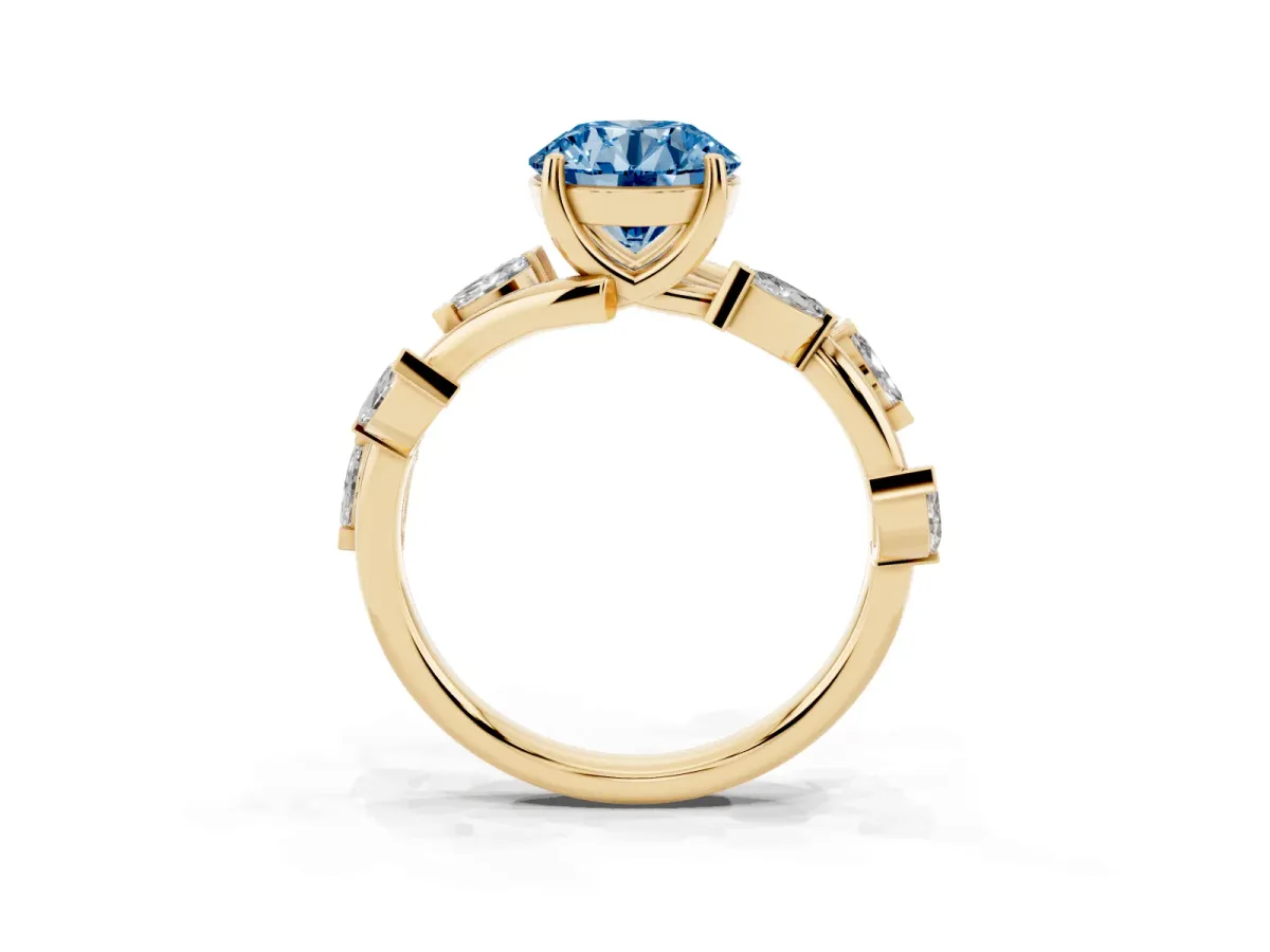 Fancy Blue Round Cut Solitaire Twisted Band Marquise Accent Prong Setting Ring Yellow gold