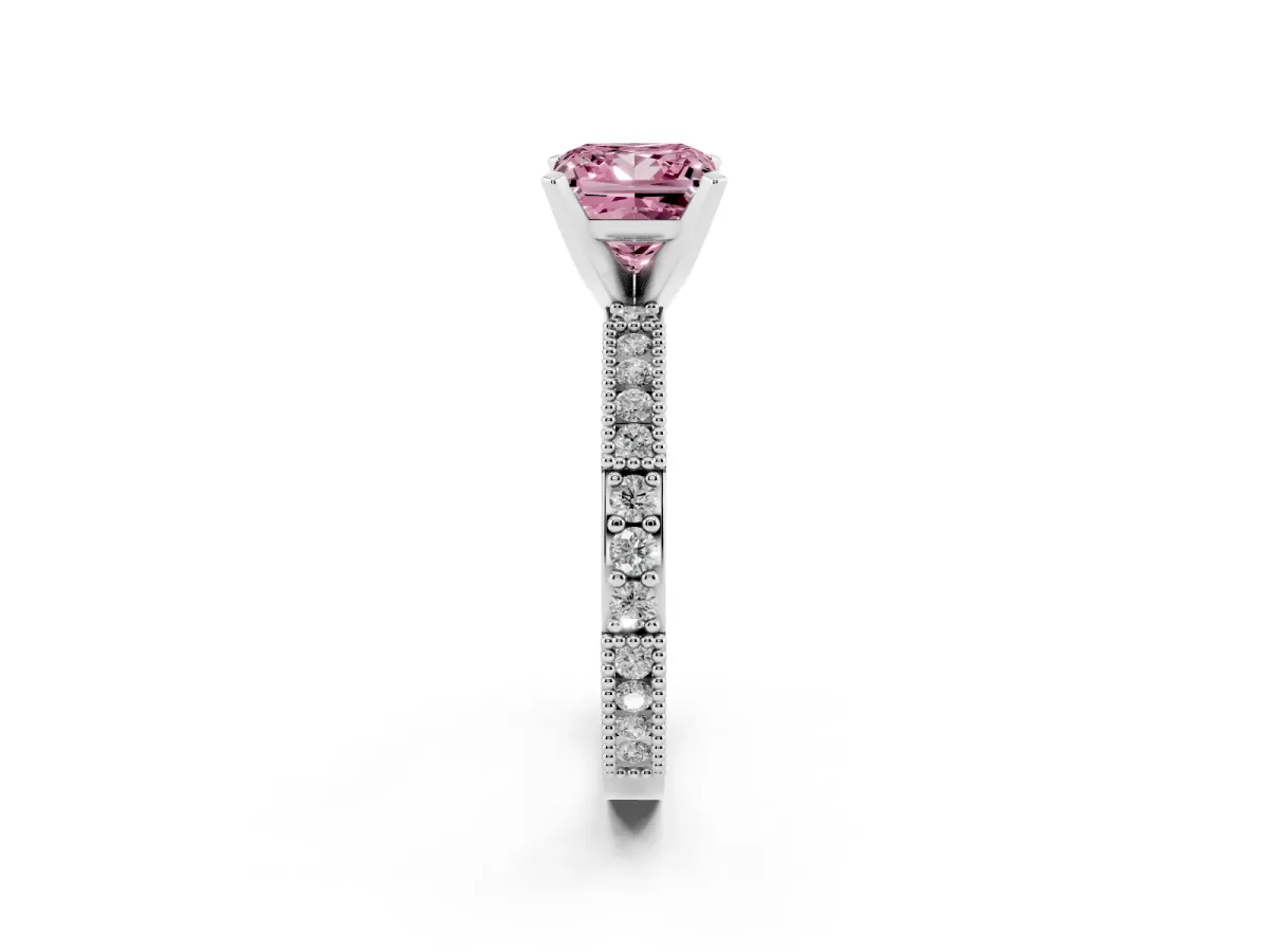 Fancy Pink Princess Cut Solitaire with Pavé Band and Four-Prong Setting Silver