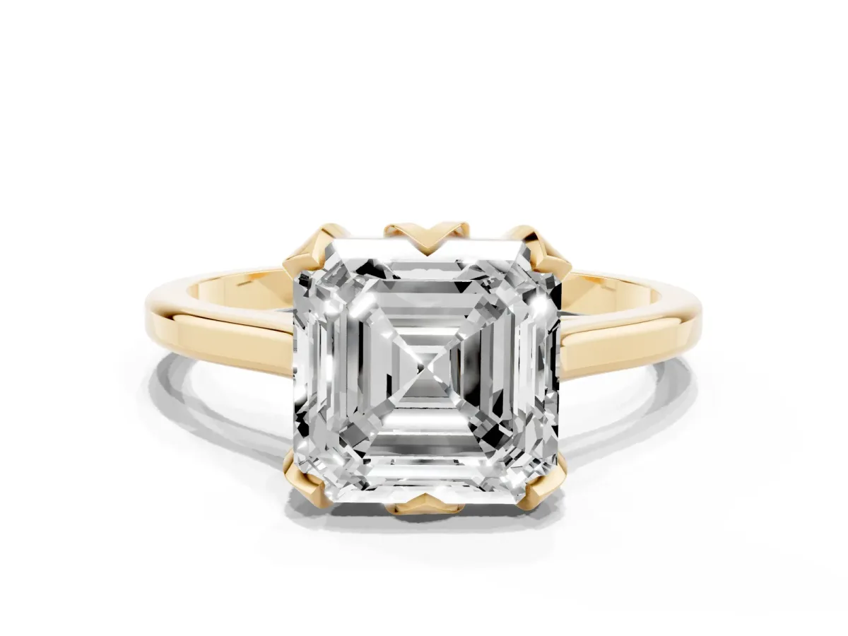 Asscher Cut Diamond Solitaire Ring with Flower Prong Setting and Classic Band Yellow gold