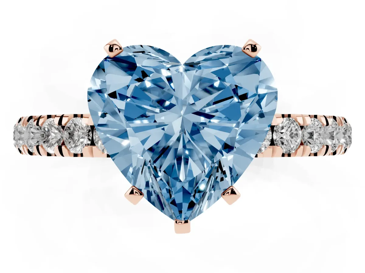 Fancy Blue Heart Cut Diamond Solitaire Ring with Pavé Accents and Four-Prong Setting Rose gold