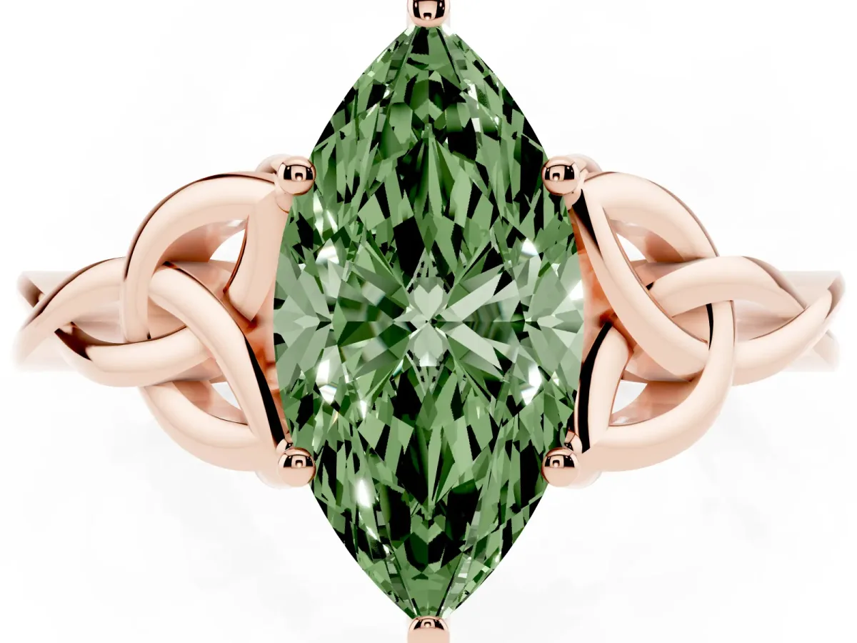 Fancy Green Marquise Cut Diamond Solitaire Engagement Ring with Celtic Knot Band and Four-Prong Setting Rose gold