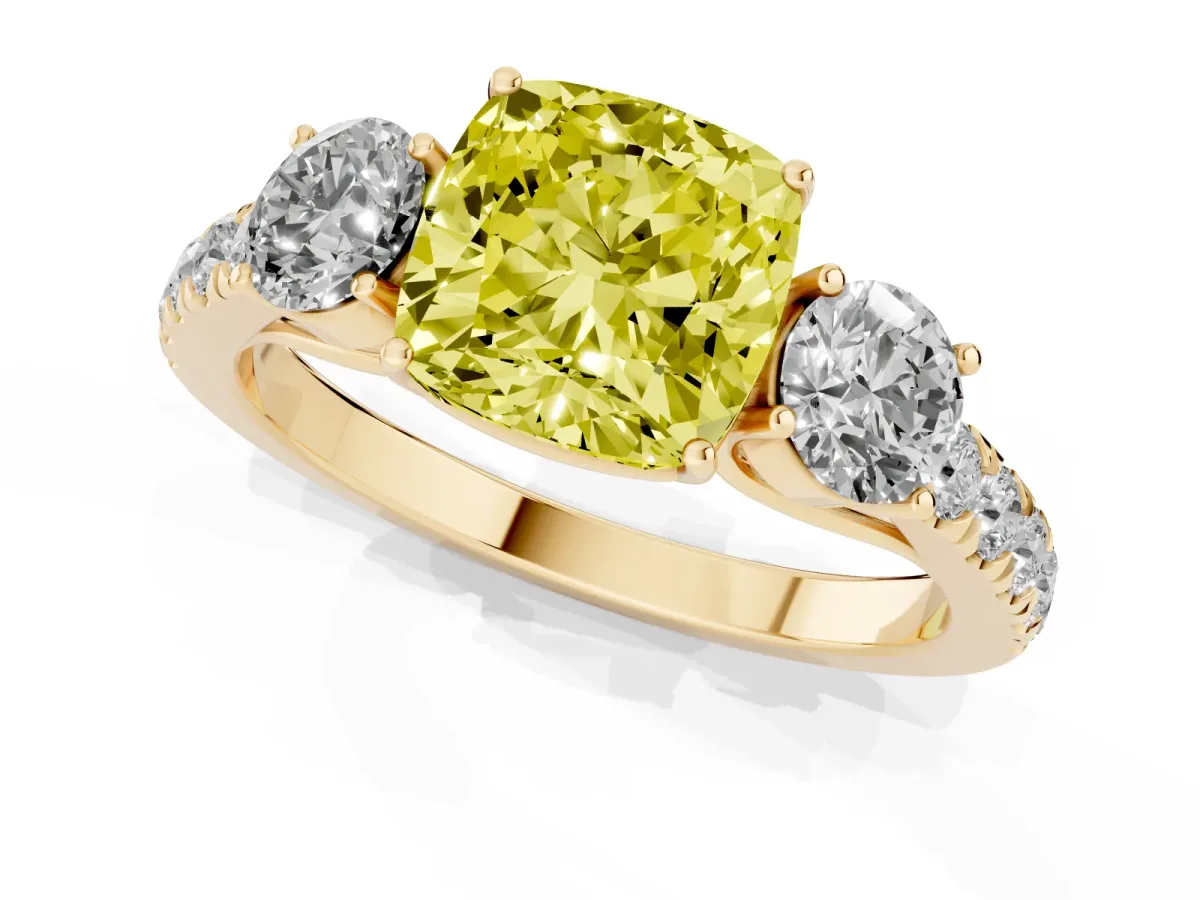 Fancy Yellow Cushion Cut Cut Diamond Three-Stone Ring with Round Side Stones and Pavé Band Yellow gold