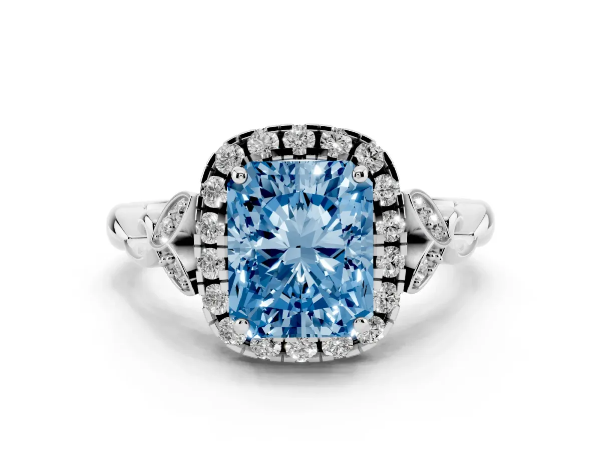 Fancy Blue Radiant Cut Halo Diamond Engagement Ring with Vintage-Inspired Band and Four-Prong Setting White gold