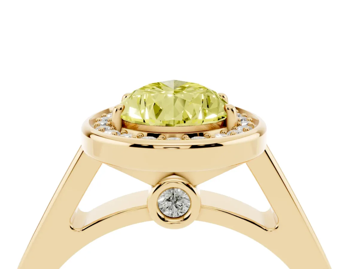 Fancy Yellow Pear Cut Halo Solitaire Diamond Ring with Pave Band and Bezel Setting Yellow gold