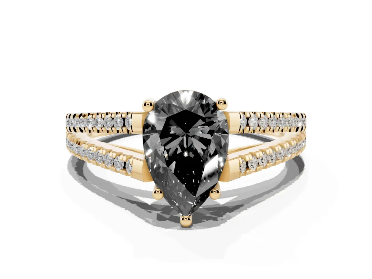 Fancy Black Pear Cut Diamond Solitaire Engagement Ring with Split Shank Pavé Band Yellow gold