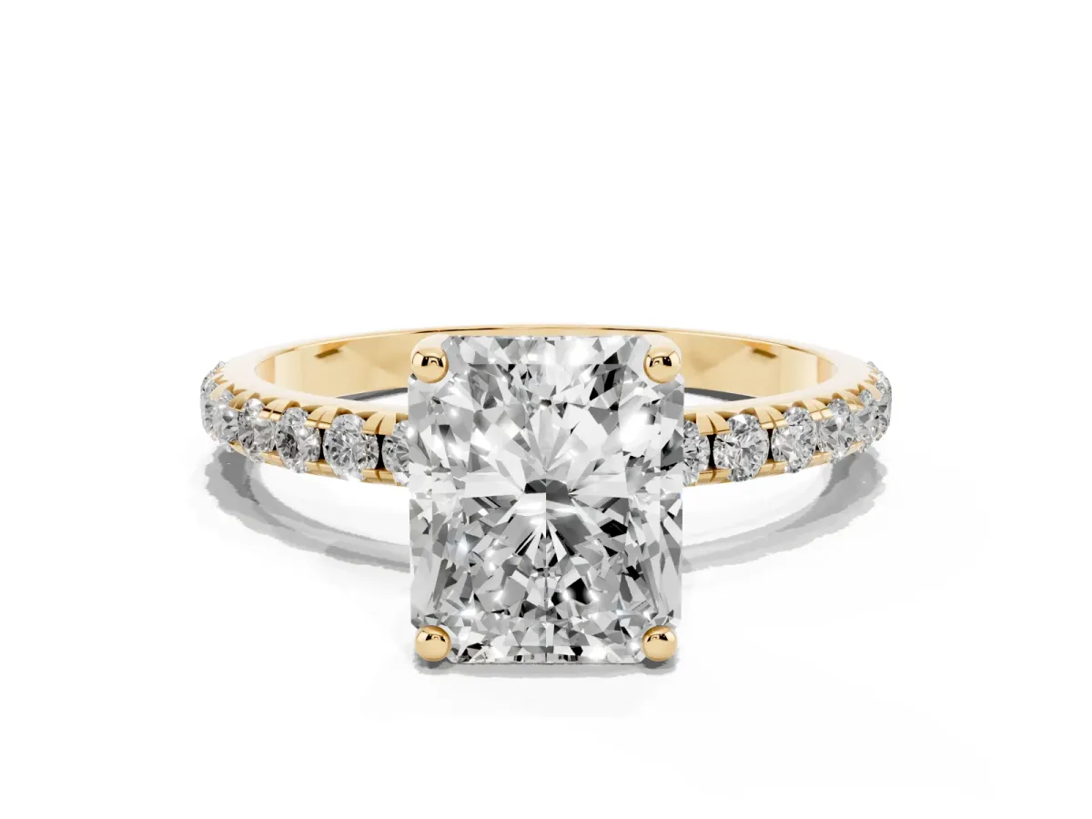 Radiant Cut Cut Diamond Solitaire Ring with Micro Pave Band and Four Prong Setting Yellow gold