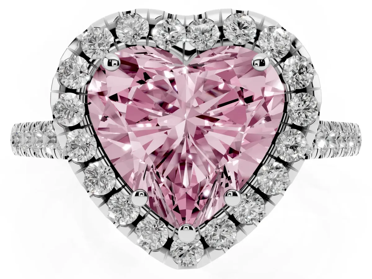 Fancy Pink Heart Cut Halo Pavé Diamond Engagement Ring with Four-Prong Setting Silver