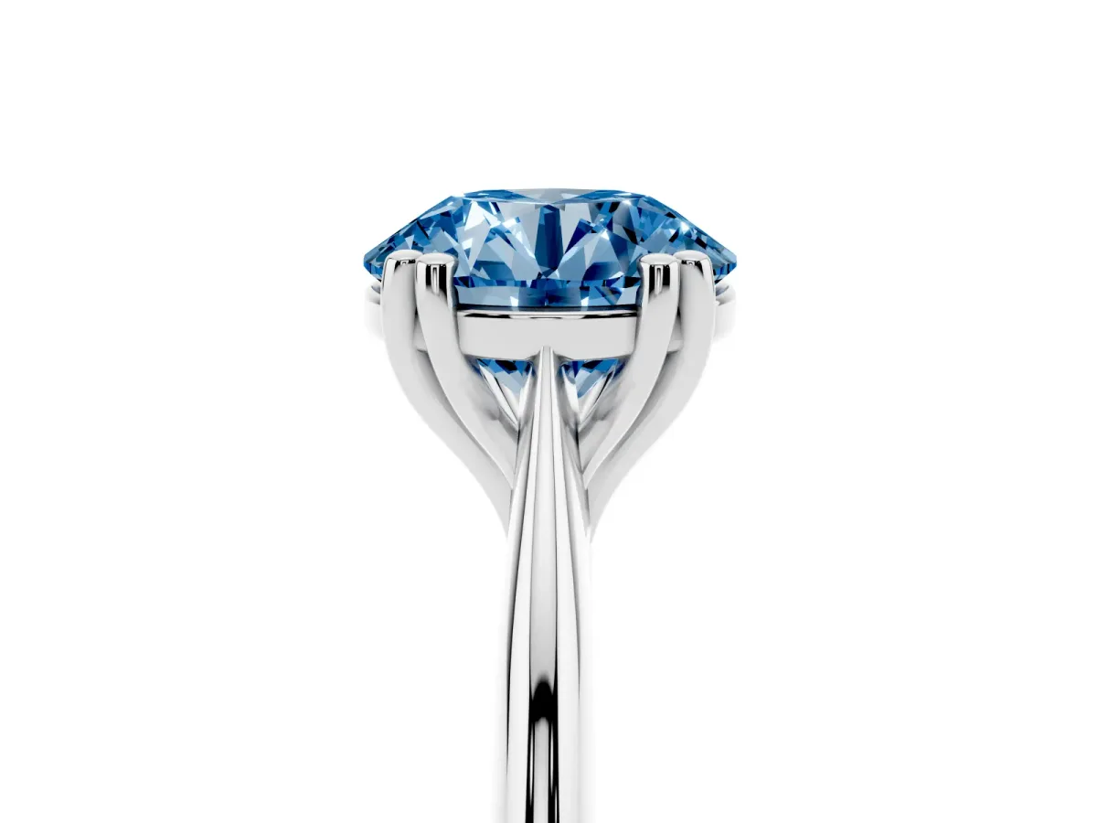 Fancy Blue Round Cut Solitaire Diamond Ring with Six-Prong Setting and Classic Band Silver