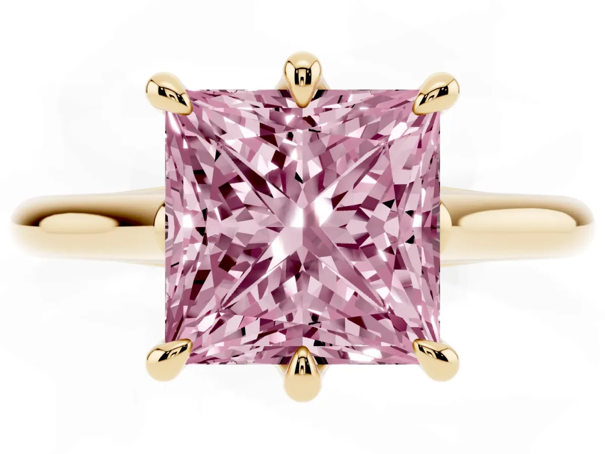 Fancy Pink Princess Cut Solitaire Engagement Ring with Six-Prong Setting and Classic Band Yellow gold