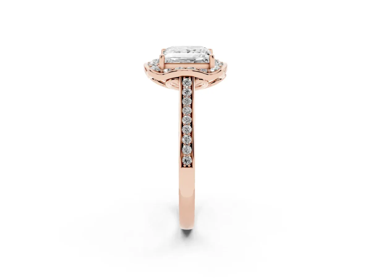 Princess Cut Halo Round Diamond Pave Band with Four-Prong Setting Rose gold