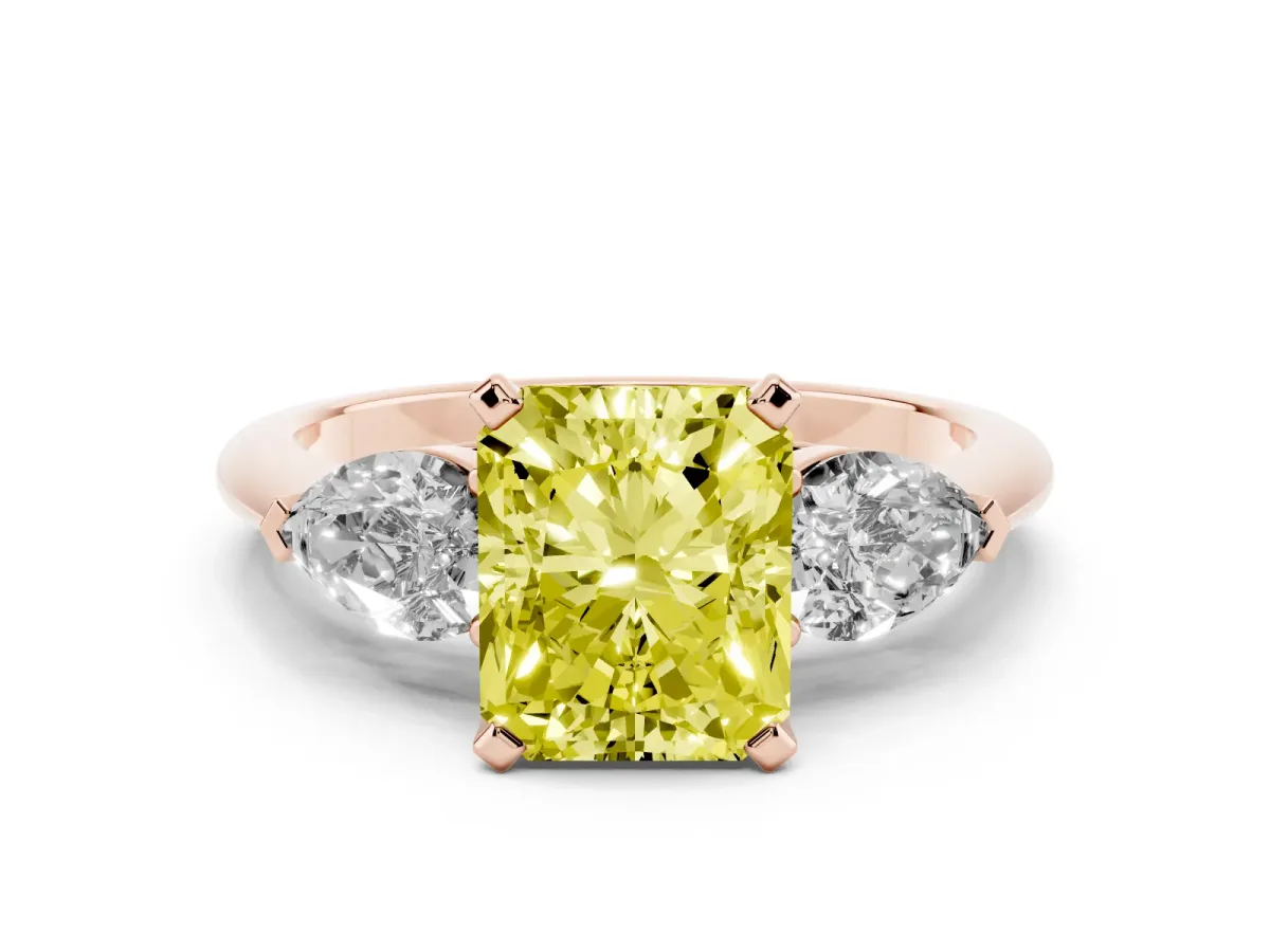 Fancy Yellow Three-Stone Radiant Cut Diamond Ring with Pear Side Stones and Four-Prong Setting Rose gold
