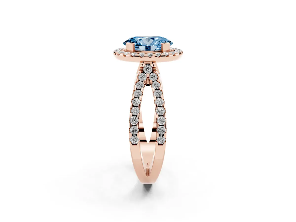 Fancy Blue Oval Cut Diamond Halo Ring with Split Shank Pavé Band and Prong Setting Rose gold