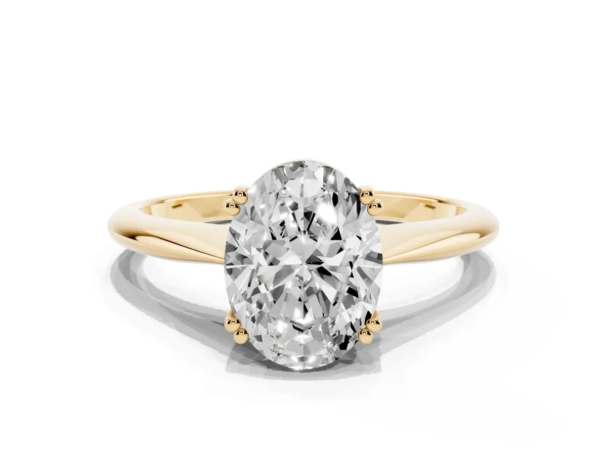 Oval Cut Solitaire Diamond Ring with Six-Prong Setting and Classic Band Yellow gold