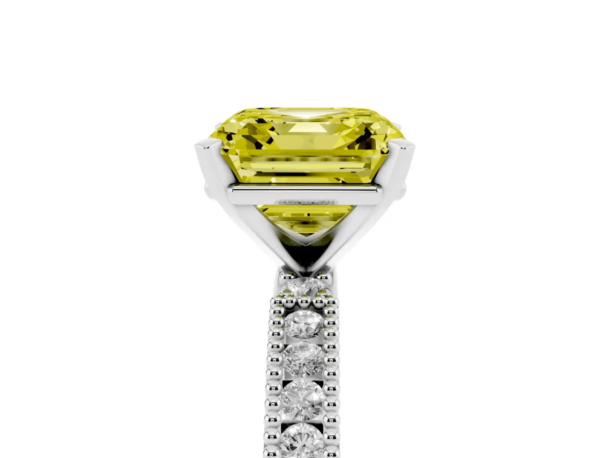Fancy Yellow Asscher Cut Solitaire with Pavé Band and Four-Prong Setting Silver