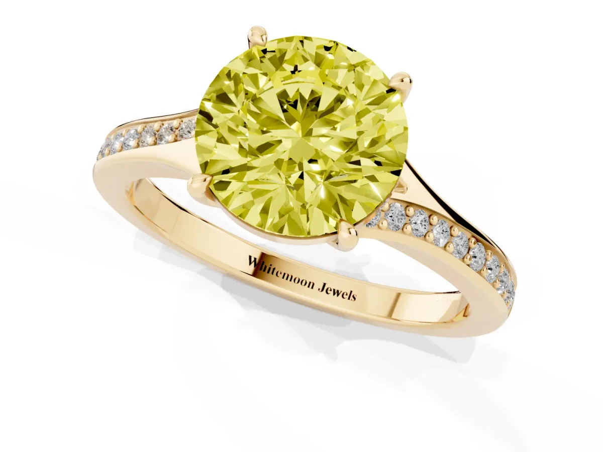 Fancy Yellow Round Cut Diamond Solitaire Ring with Pavé Band and Prong Setting Yellow gold