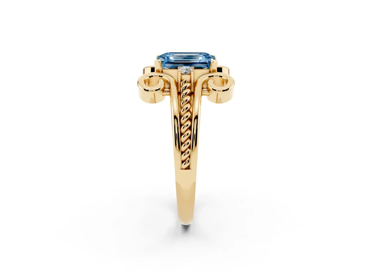 Fancy Blue Emerald Cut Solitaire Twisted Band Scroll Prong Ring Yellow gold