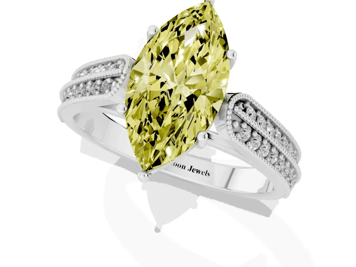 Fancy Yellow Marquise Cut Cut Pave Split Shank Engagement Ring with Four-Prong Setting White gold