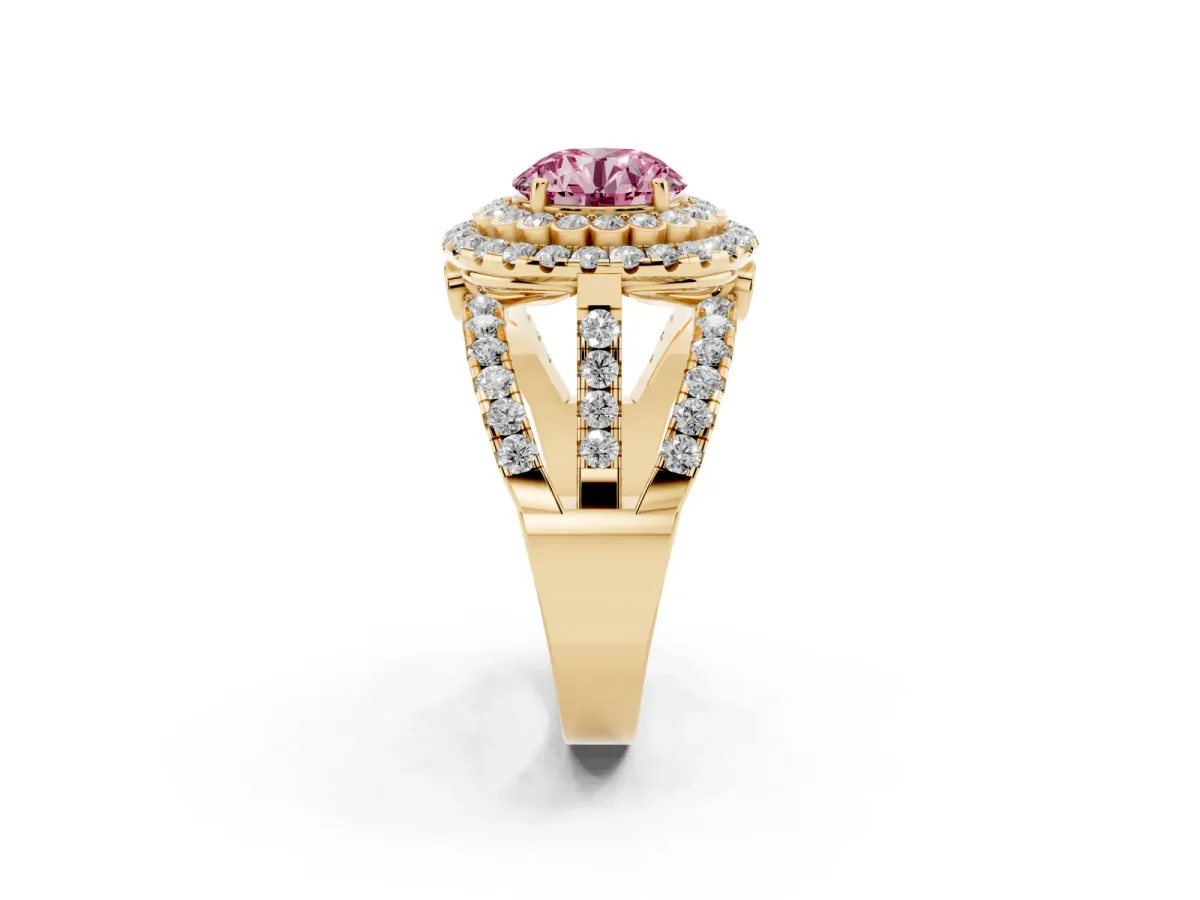 Fancy Pink Round Cut Diamond Double Halo Ring with Round Pavé Split Shank and Prong Setting Yellow gold