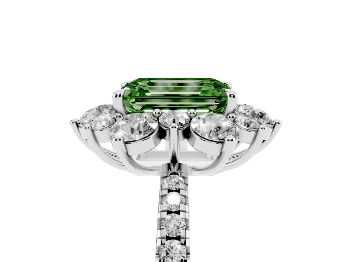 Fancy Green Emerald Cut Diamond Floral Halo Ring with Round Pavé Band and Prong Setting Silver